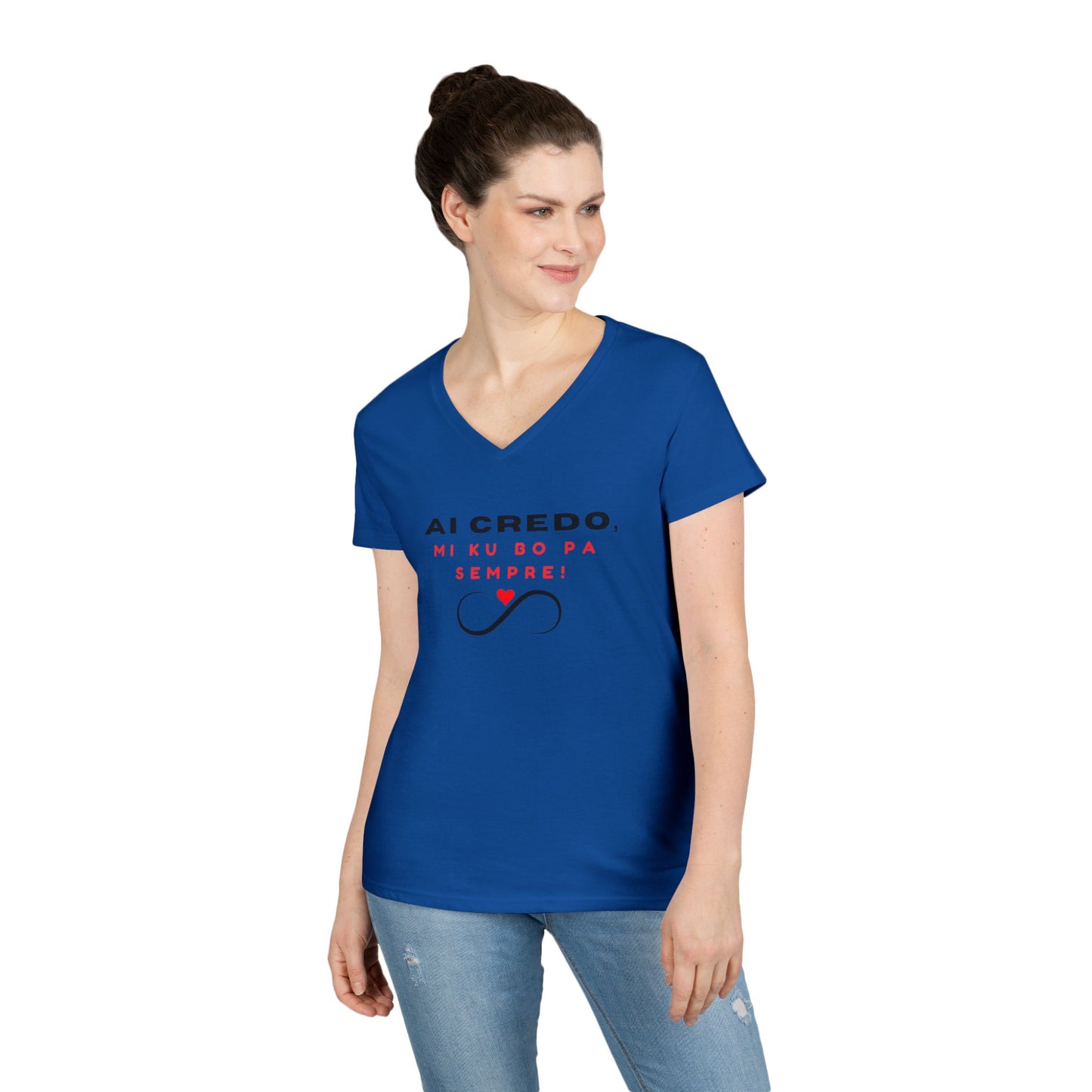 Inspirational V-Neck T-Shirt for Women - "AI CREDO, MI KU BO PA SEMPRE" Design