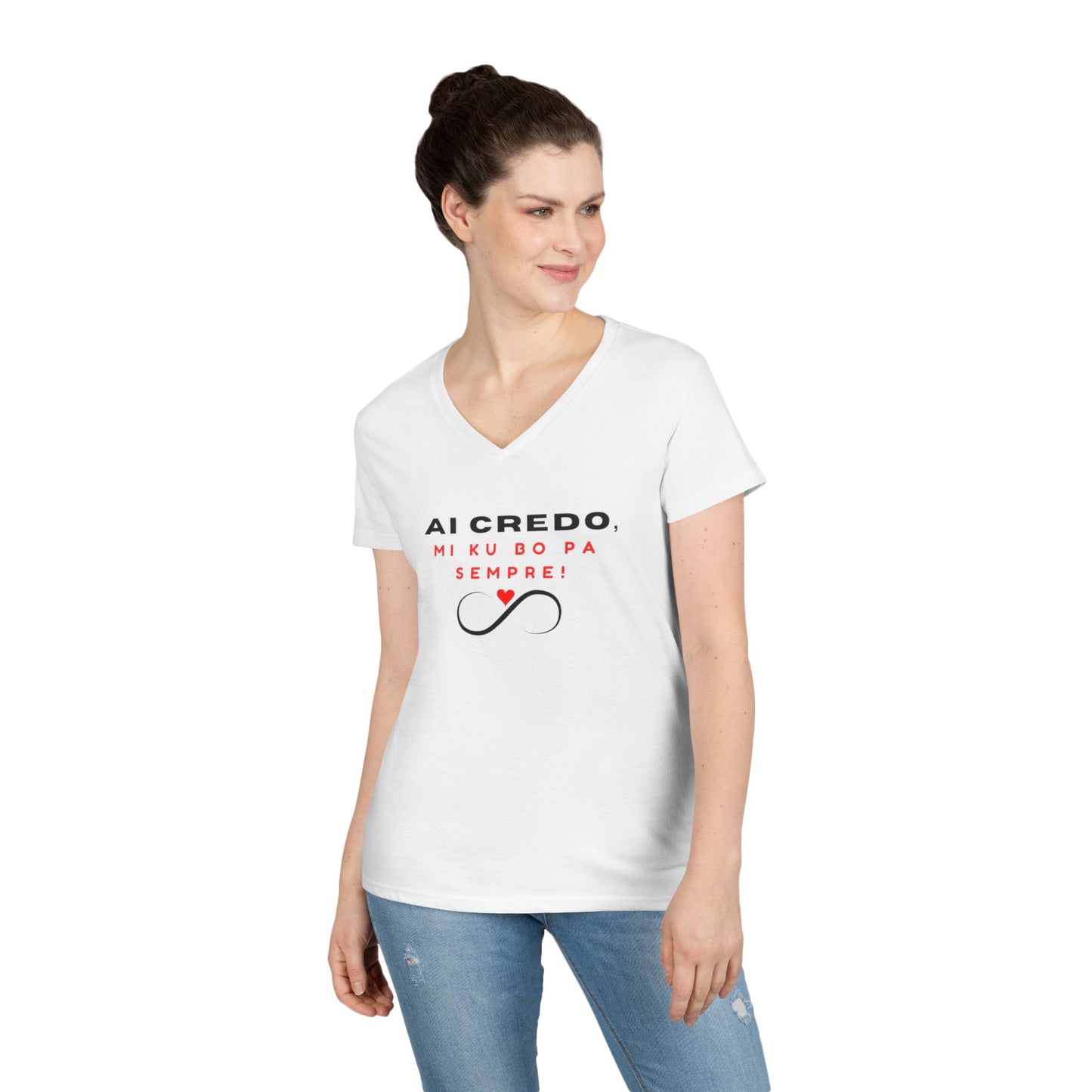 Inspirational V-Neck T-Shirt for Women - "AI CREDO, MI KU BO PA SEMPRE" Design