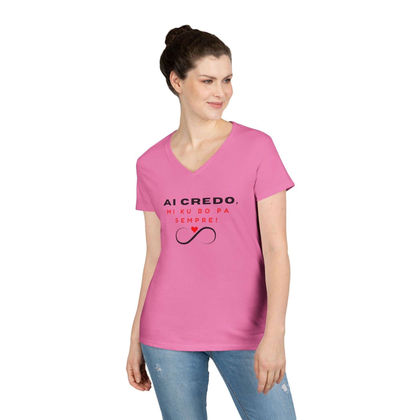 Inspirational V-Neck T-Shirt for Women - "AI CREDO, MI KU BO PA SEMPRE" Design