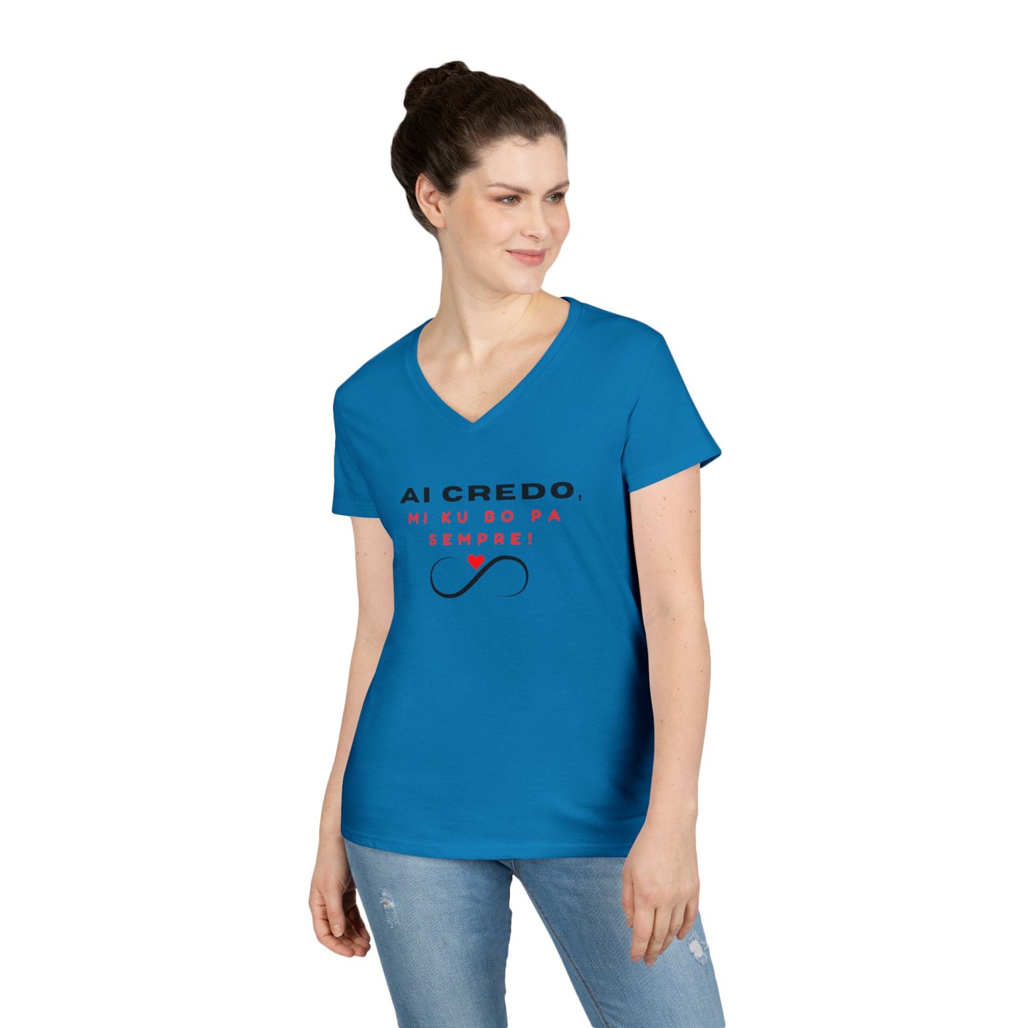 Inspirational V-Neck T-Shirt for Women - "AI CREDO, MI KU BO PA SEMPRE" Design